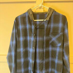 Men's Long Sleeve Hoodie Plaid Flannel Shirt - Size M.